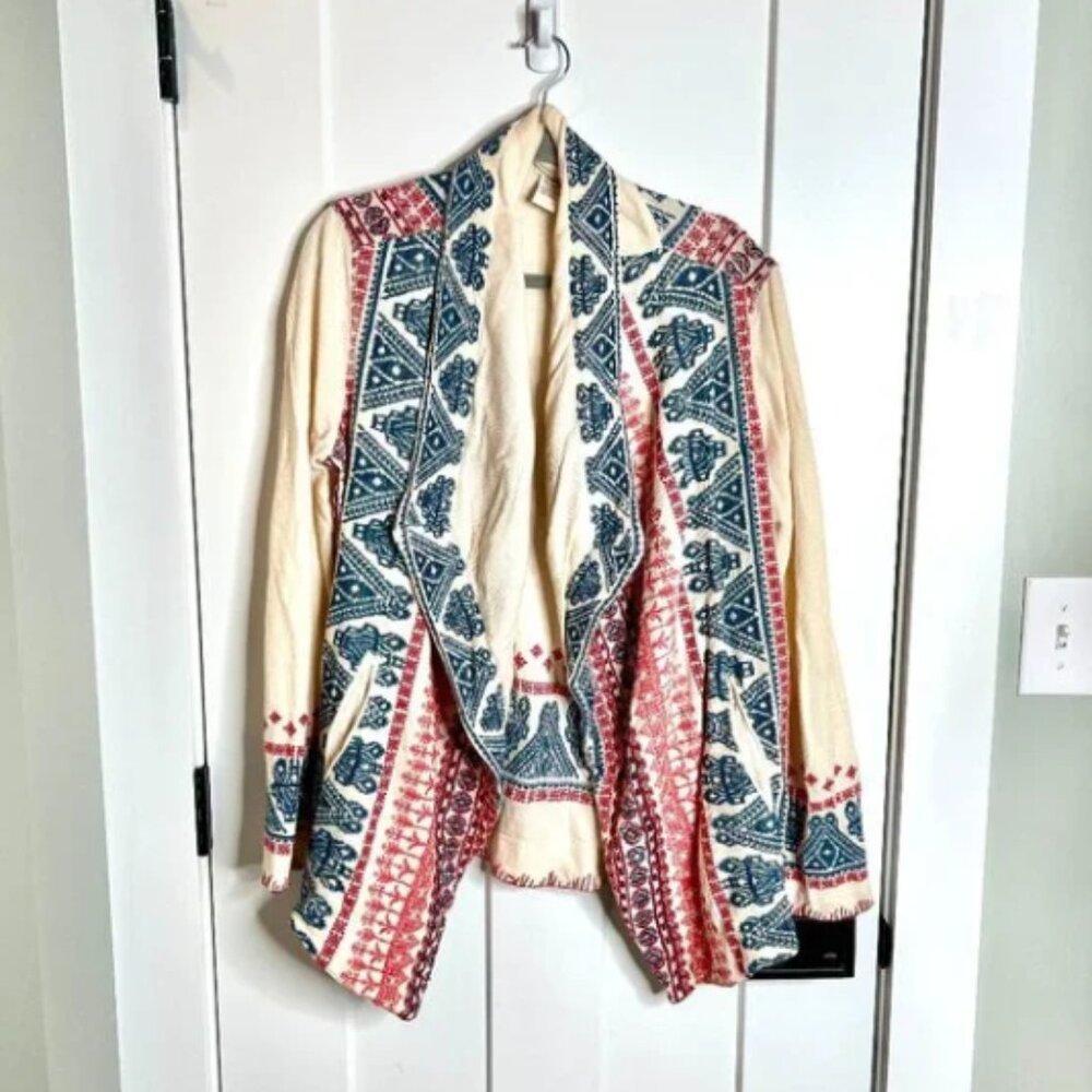 Sundance Heavily Embroidered Waterfall Cardigan Red Blue Southwestern